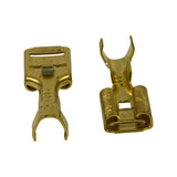 End-on view showing the rectangular blade receptacle slot with internal locking dimple on one terminal and the open-barrel wire grip on the other