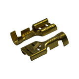 Top-down pair showing the full length of each terminal, from open crimp barrel through serrated conductor grip to enclosed 6.3mm blade receptacle