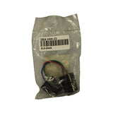 Internal barcode sticker reading OEX HXK-23 / ELE-00426 above the connector contents: two small black plastic connector housings, three short insulated wires (red, green, blue), and a short threaded stud or screw.