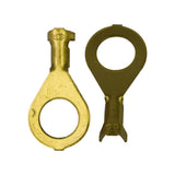 Close pair of terminals with a small oval manufacturer die-stamp visible on the crimp saddle of each; flat tongue and circular stud hole clearly visible