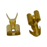 Close-up end-on views showing the open rolled-brass socket that accepts the mating male blade, and a side view of the locking tab pressed into the socket body