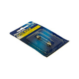 Packaging at oblique angle showing front face tilted away. Part number label and Narva branding legible. Festoon bulb visible within bubble; both metal end caps and clear glass tube clearly shown. Minor card edge wear consistent with NOS shelf storage.