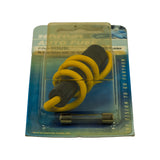 Top-angled view of blister card, holder oriented to show cylindrical Bakelite body with ribbed end caps and yellow coiled lead, glass 3AG fuse sitting separately below, narva.com.au URL visible at card base