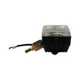 Side-angle profile showing ribbed black housing depth, sloped rear casing, swivel bracket with threaded bolt, and bare wire leads