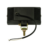 Rear view of work lamp showing ribbed black housing back, cable entry grommet top-left, and full swivel bracket assembly with single threaded bolt and zinc-plated U-bracket
