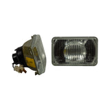 One headlamp shown from the rear (left) and one from the front (right). Rear view shows olive-green painted housing, black rubber bulb cap with wiring pigtail, and white multi-pin connector. Front view shows clear ribbed lens with ECE marks 'E1 17.5', '24555 R20', and 'BOSCH' cast text.