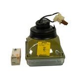 Single headlamp rear view alongside one Osram Halogen H1 64150 bulb box. Yellow Bosch ID label on housing reads: 'BOSCH / 0 301 709 001 / 643 951 / HR / E5 27.5 / 806 / Made in Sweden'. Bulb box confirms H1 12V 55W P14.5s specification.