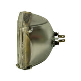 Side/rear three-quarter view of the sealed beam unit. Curved chrome-finish parabolic reflector housing visible from the rear. Two brass blade-type terminal connectors ('contact lugs') protruding from the rear, with glass exhaust tube visible between them. Sealed glass-to-metal bond at the lens perimeter is intact and clean.