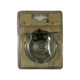 Reverse side of blister pack showing horn's rear face with two gold spade terminals and black terminal block. Wiring diagram printed on card insert shows fuse ratings: 20A for 12V, 10A for 24V. Horn body shows concentric pressed metal rings.