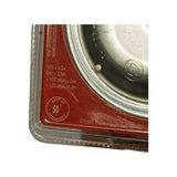 Close-up of lower left corner of front packaging showing electrical specs: 12V < 4.5A, 24V < 2.5A, >109 dB(A) at 2m, >133 dB(A) at 4in. '50th anniversary' roundel and STEBEL S.p.A. address: Via Cinosa, 10 - Grisignano di Zocco (VI) - ITALY.