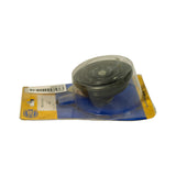 Three-quarter angled view from left/rear side showing the back face of the disc horn through packaging. '335 Hz L' embossing visible on horn body. Hella logo and part label readable on card reverse.