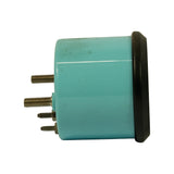 Left-side profile showing teal cylindrical housing with black bezel rim at front; cluster of four threaded stud terminals protruding from rear (two pairs visible side-on).