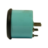 Right-side profile of gauge showing teal housing, black bezel, and opposite cluster of stud terminals; some terminals have small nuts already fitted.