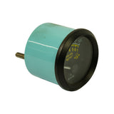 Three-quarter rear-right view showing teal housing and single stud terminal protruding from right side; dial face partially visible showing upper right portion of scale arc including '100 PSI' marking and kg/cm² numbers 4–7.