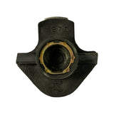 Top-down view of rotor arm underside showing large circular brass hub insert with splined bore, moulded part code reading 'F-970' on the body, and 'MADE IN ITALY' cast text. Spring-loaded contact blade visible at rotor tip.