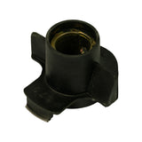 Angled top view of rotor arm showing the cylindrical black plastic body, brass hub collar, single blade contact arm with spring steel contact tip, and moulded body markings.