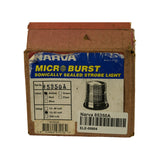 Front of original Narva retail box showing blue and yellow product label: 'Micro Burst Sonically Sealed Strobe Light', Part No 85350A. Amber colour checkbox ticked, 12–80 volt checkbox ticked. Barcode 9314464979132 visible bottom-left. Retailer label 'Narva 85350A' applied to right side. Box shows significant shelf wear — crushed top corners, surface scuffs and moisture staining on brown cardboard.