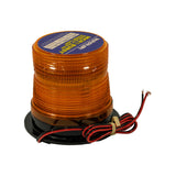 Side-elevated view of assembled strobe unit showing full height of amber ribbed polycarbonate dome above flat black flange base. Three-wire hardwire lead coiled at right. Top label partially visible. 'Made in U.S.A.' notation consistent with box label.