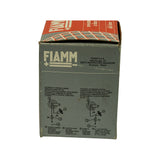 Side panel of original FIAMM grey-and-red retail box showing brand logo, manufacturer address (FIAMM S.p.A., Viale Europa 63, Montecchio Maggiore, Vicenza, Italy), and multilingual wiring diagrams for grounded and positive horn-button wiring configurations with 8A fuse callout.