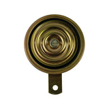 Front face of disc horn, direct overhead view showing concentric-ring diaphragm pressed steel housing in gold zinc-plate finish, rubber sealing ring around perimeter, and centre adjustment screw.