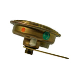 Edge-on view of horn housing showing green 'TESTED O.K.' quality control sticker and orange QC dot on body; mounting bracket and threaded stud with nut visible; rear wiring area shown.
