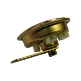 Alternate edge-on angle showing mounting bracket and bolt assembly from opposite side; two white Faston terminal housings visible, confirming two-terminal 12V electrical connection.