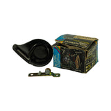 Overview showing horn removed from box alongside the retail box and mounting hardware; box reads 'Replacement Horn Factory Style' with 'High Tune' and '12 Volt' callouts and colourful label; horn body in matte black thermoplastic with visible 'Made in Italy' moulding on rear disc face; mounting bracket, bolt, and nut shown separately