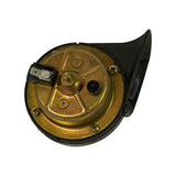 Rear face close-up showing gold-toned backplate with cross-brace reinforcing ribs; single blade terminal connector block with markings partially visible; four cross-head screws securing body; tone-adjustment screw visible on backplate