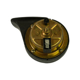 Alternate rear angle showing blade terminal connector block clearly labelled '12V'; tone-adjustment screw at top; four cross-head retaining screws; gold-toned zinc backplate with cross-braced rib pattern
