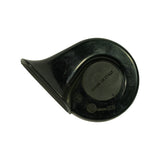 Front face of horn showing full snail/disc profile; matte black thermoplastic shell with scuff marks from storage; 'Made in Italy' embossed on centre cap; E3 type-approval stamps (E3 48478 E3) on body near mounting tab; Class I insulation symbol visible