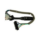 Switch and separate connector laid out on white background. Black stalk body with wiper speed positions and wiper icon marked on barrel. Grey rubber-sleeved wiring loom forming loop. Black 11-pin flat connector plug shown separately below switch.