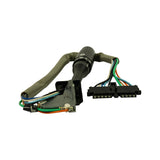Three-quarter angle showing metal mounting bracket/collar at column end and 11-pin flat connector at loom termination. Multiple wire colours visible: green, orange, blue, white, black.