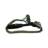 Side view showing wiper icon and switch positions on stalk face, plus both connector blocks at loom termination end.