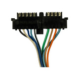 Close-up of 11-pin connector face. Moulded text reads 'SUITS HX HZ' confirming Holden HX/HZ fitment. Terminal designations P N M L K J and H G F E D visible on two connector blocks. Multiple wire colours present.