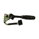 Right-side profile, part only without box; full length of stalk visible from die-cast metal base plate through plastic body to ribbed rotary tip; multi-pin connector hangs below; loom exits base plate at left; no visible markings on this side of the shaft.
