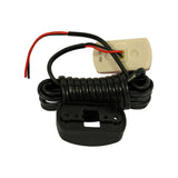 Three-quarter view of lamp assembly: lamp head in cream/ivory-coloured ABS body with red lens, coiled cable, and bracket. Lamp body shows a production date stamp 'Jun 0x'. Cable sheath marked AWM and 20/30 gauge. Bracket underside with cable exit slot visible.