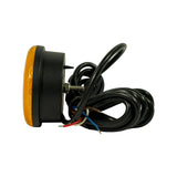 Side profile of the lamp. Black polymer housing depth and mounting flange visible. Central single-bolt mounting stud visible through flange. Cable exits via grommet on the lower side of the housing. Four-wire cable ends (white, red, blue, brown) stripped and tinned, approximately 50mm exposed at the tail.