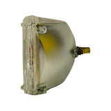Side profile of lamp showing depth and curvature of the reflector housing. One brass spade terminal lug visible at right edge. Polished reflector bowl visible through glass edge.