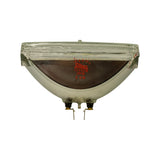 Rear elevation showing chrome reflector bowl, two brass terminal posts with black isolator collars, and centre locating pip; red markings '4651', 'STANLEY', '12V50W', 'JAPAN', 'D G 19' clearly legible.