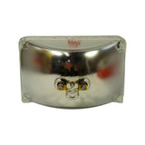 Direct rear view of lamp showing full backplate: chrome reflector, two gold/brass screw terminal lugs, centre glass pip, and corner clip tabs; red batch/spec markings visible near top.