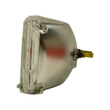 Side profile view showing depth of glass-and-chrome sealed-beam unit; one terminal lug and black isolator visible at right edge; confirms all-glass construction with metal reflector.