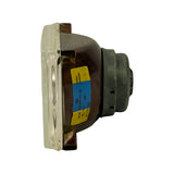 Side profile of the headlight insert showing depth of reflector housing; blue-and-yellow Hella label on rear housing reads '1LB 003177-30', 'H4', 'HC/R', '12.5', ECE mark, '02 7197 R20'. German-language 'Linksverkehr' (left-hand traffic) designation visible on label.
