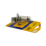 Blister pack rotated on its side, showing the bulb in profile inside the bubble; rear of card visible with label upside-down