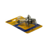 Angled side view of the bulb in its blister, clearly showing the clear quartz envelope, internal twin filaments and shield, and the metal cap with 'Quality Automotive Bulbs' tagline along the bottom of the card