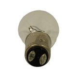 Bottom view of the bulb base showing the BAY15d offset-pin double-contact configuration: two solder contacts on a black insulator disc with bayonet locating pins on the metal collar.