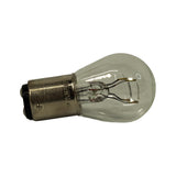 Bulb laid horizontally with cap to the left. Stamping on metal cap reads '12499 PHILIPS 21/5W'. Clear glass envelope with 21W and 5W filaments visible.