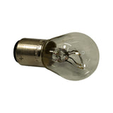 Three-quarter angled view of the bulb showing offset bayonet pin on the metal cap and the '12499 PHILIPS' stamping running along the cap.