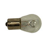 Side profile of the bulb laid horizontally, showing S25 pear-shaped envelope and full length of the bayonet base with one pin visible on the side