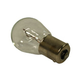Three-quarter view of bulb showing both bayonet pins on the metal base at the same height (symmetrical), confirming BA15s rather than offset BAY15s