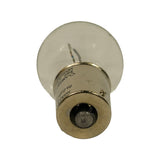 End-on view of BA15s bayonet base showing single centre solder contact and etched 12V P21W marking on the side of the metal cap